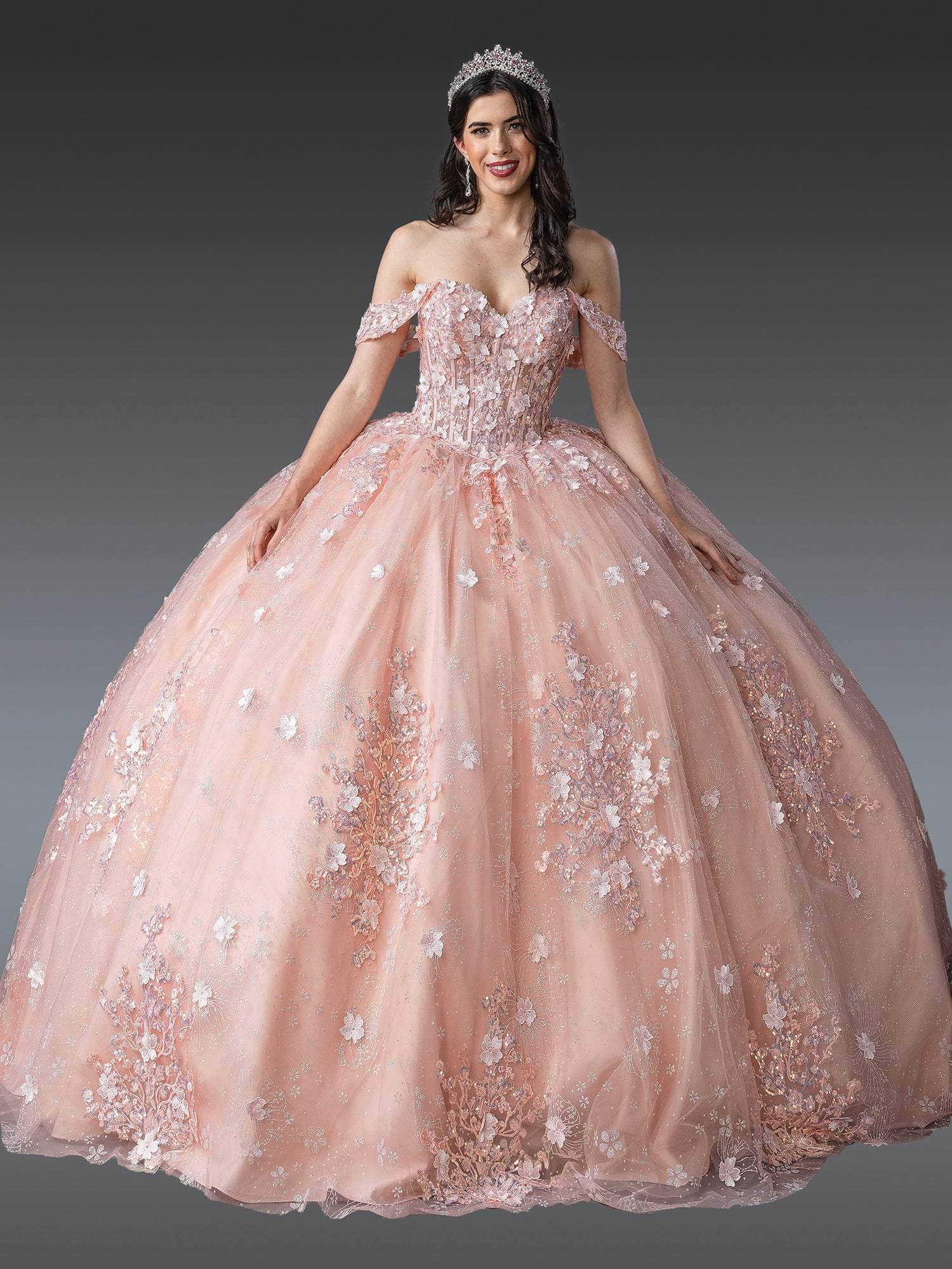 Dancing Queen 1971 - Floral Applique Glitter Tulle Ballgown Quinceanera Dresses XS / Blush