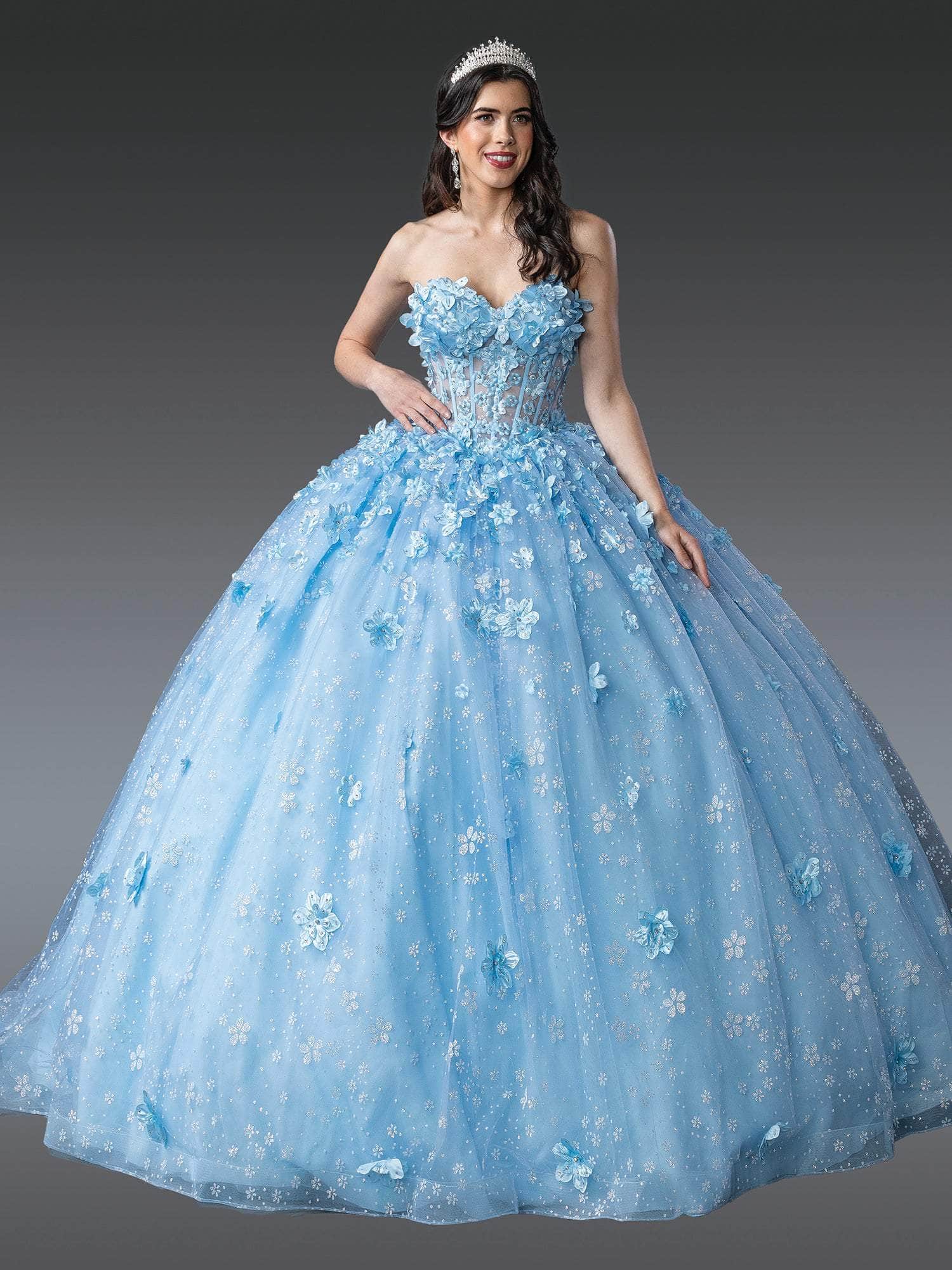 Dancing Queen 1972 - Floral Bodice Strapless Corset Ballgown Quinceanera Dresses XS / Bahama Blue