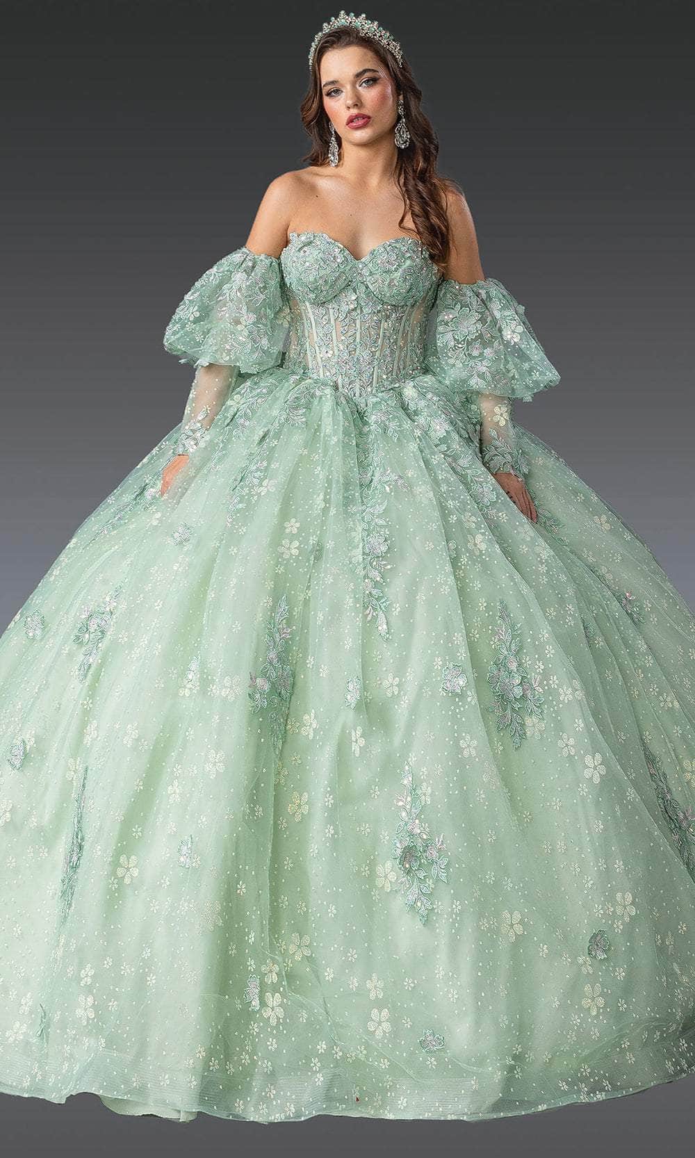 Dancing Queen 1973 - Floral Applique Strapless Gown with Puff Sleeve Ball Gowns XS / Sage