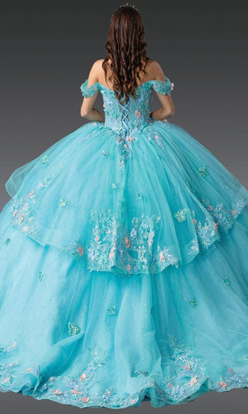 Dancing Queen 1974 - Off Shoulder Floral Tulle Ballgown Quinceanera Dresses XS / Bahamablue/Mint