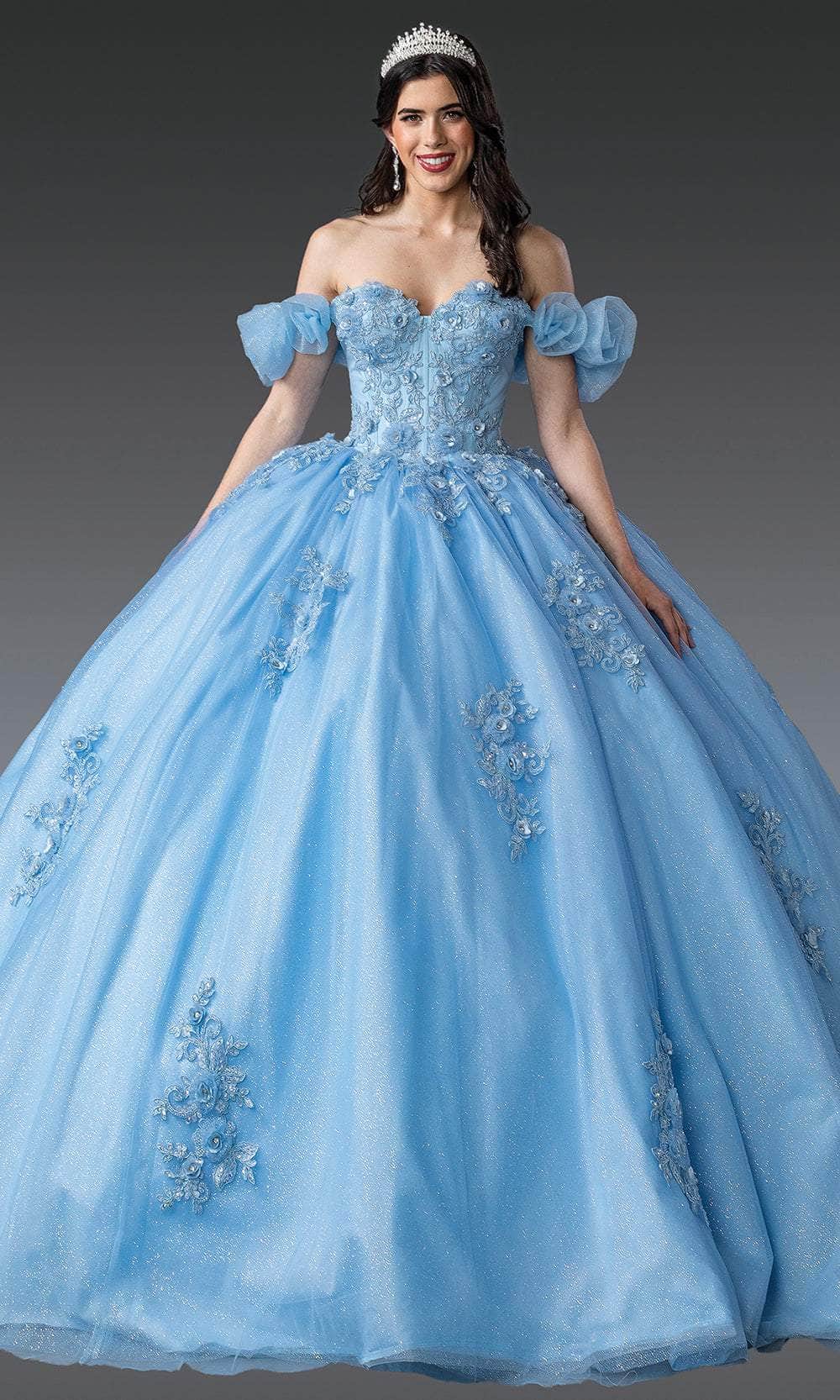 Dancing Queen 1976 - Floral Embroidered Puff Sleeve Ballgown Ball Gowns XS / Bahama Blue