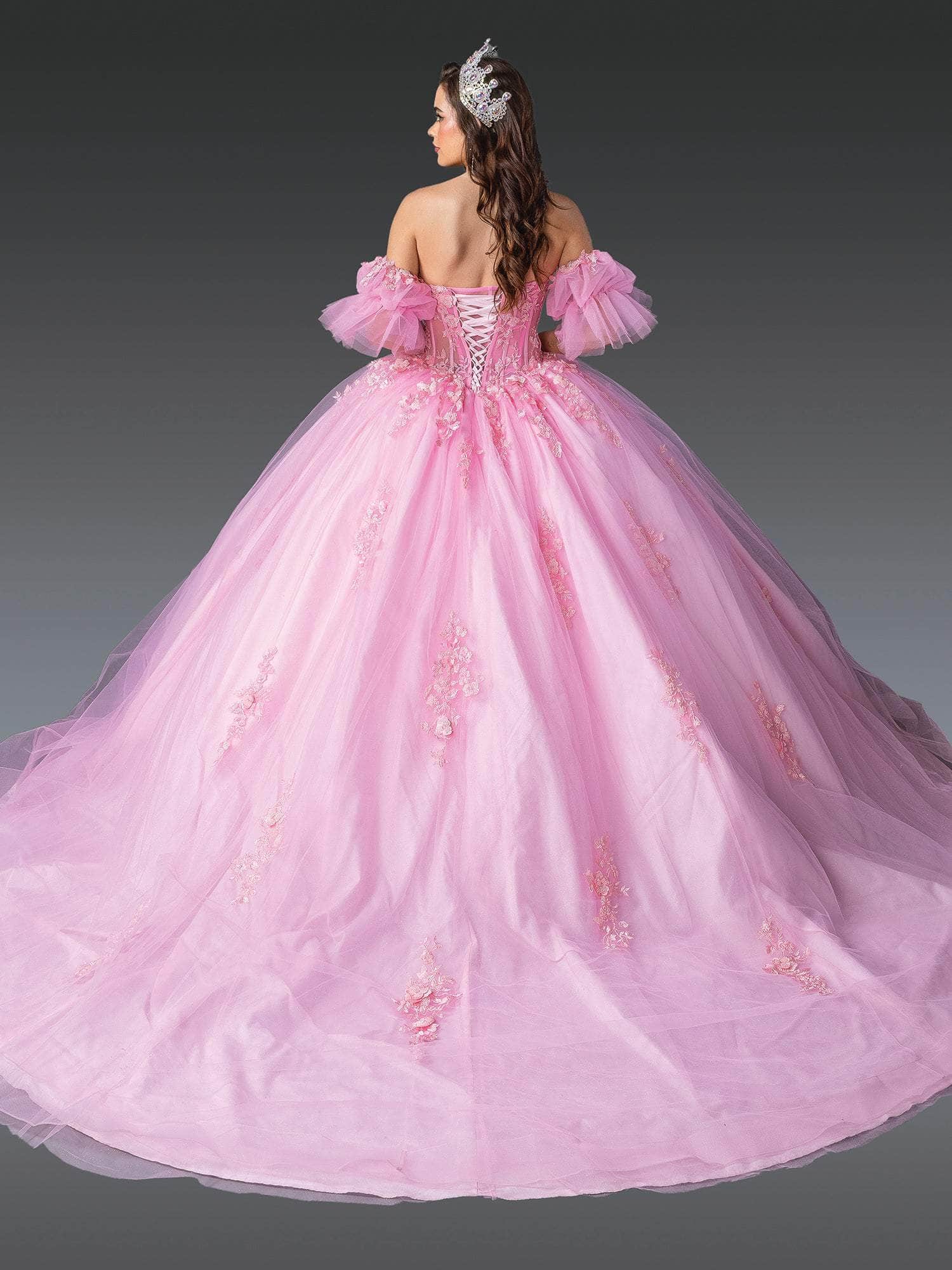 Dancing Queen 1988 - Floral Appliqued Puff Sleeve Ballgown Quinceanera Dresses XS / Pink