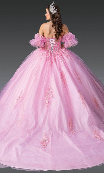 Dancing Queen 1988 - Floral Appliqued Puff Sleeve Ballgown Quinceanera Dresses XS / Pink