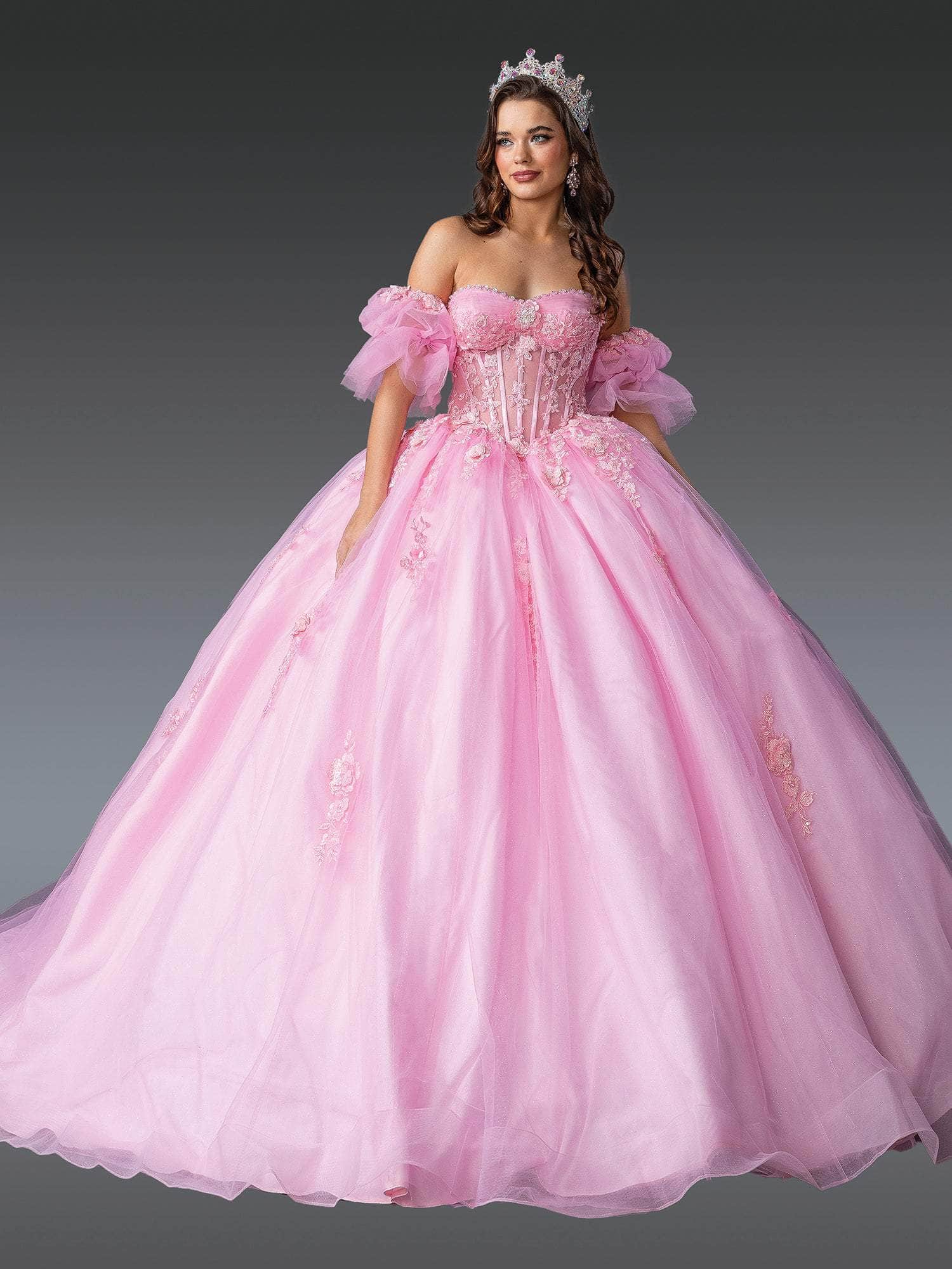 Dancing Queen 1988 - Floral Appliqued Puff Sleeve Ballgown Quinceanera Dresses XS / Pink