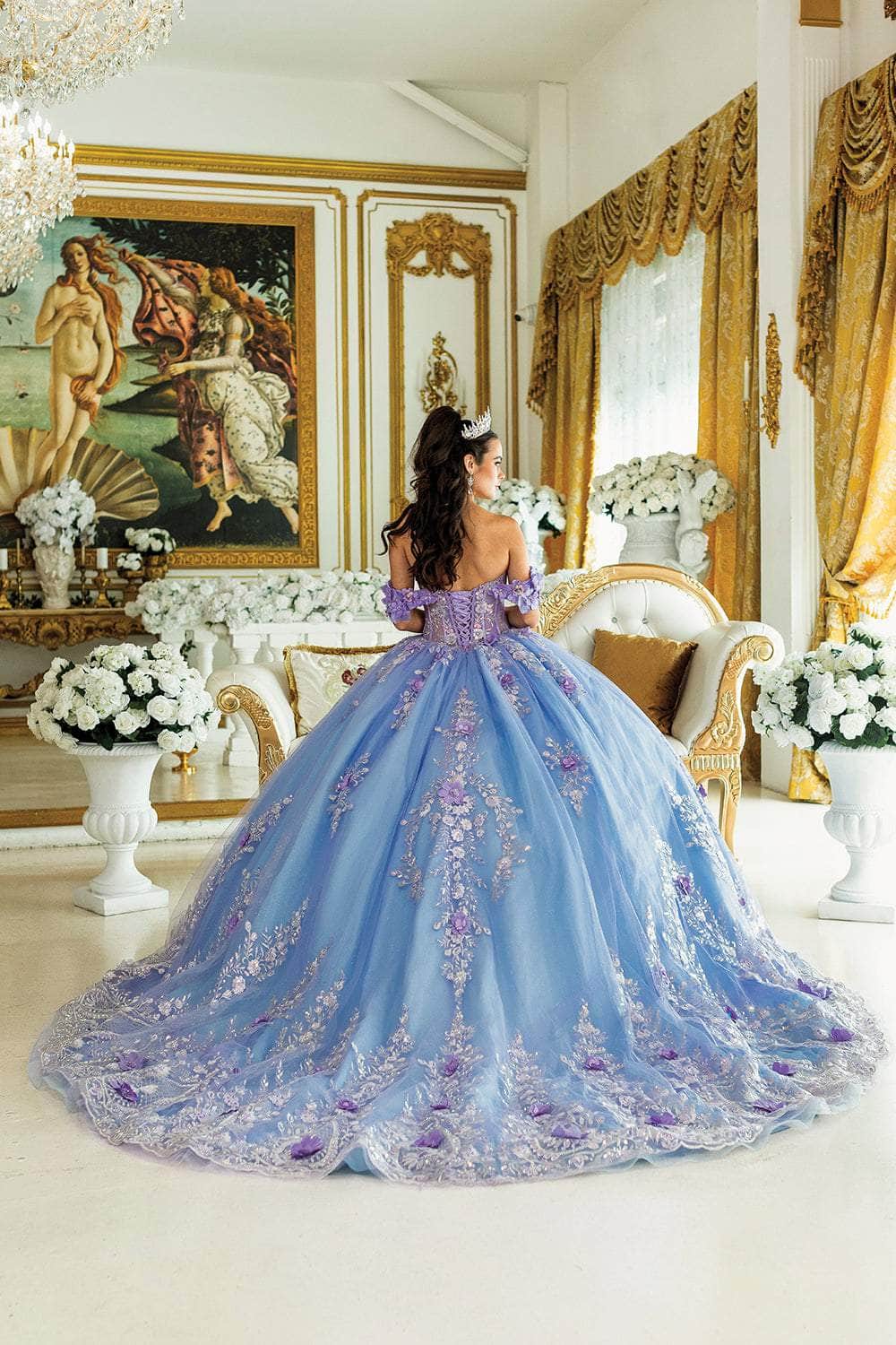 Dancing Queen 1999 - Off Shoulder Floral Embroidered Ballgown Quinceanera Dresses XS / Lilac/Bahama/Blue