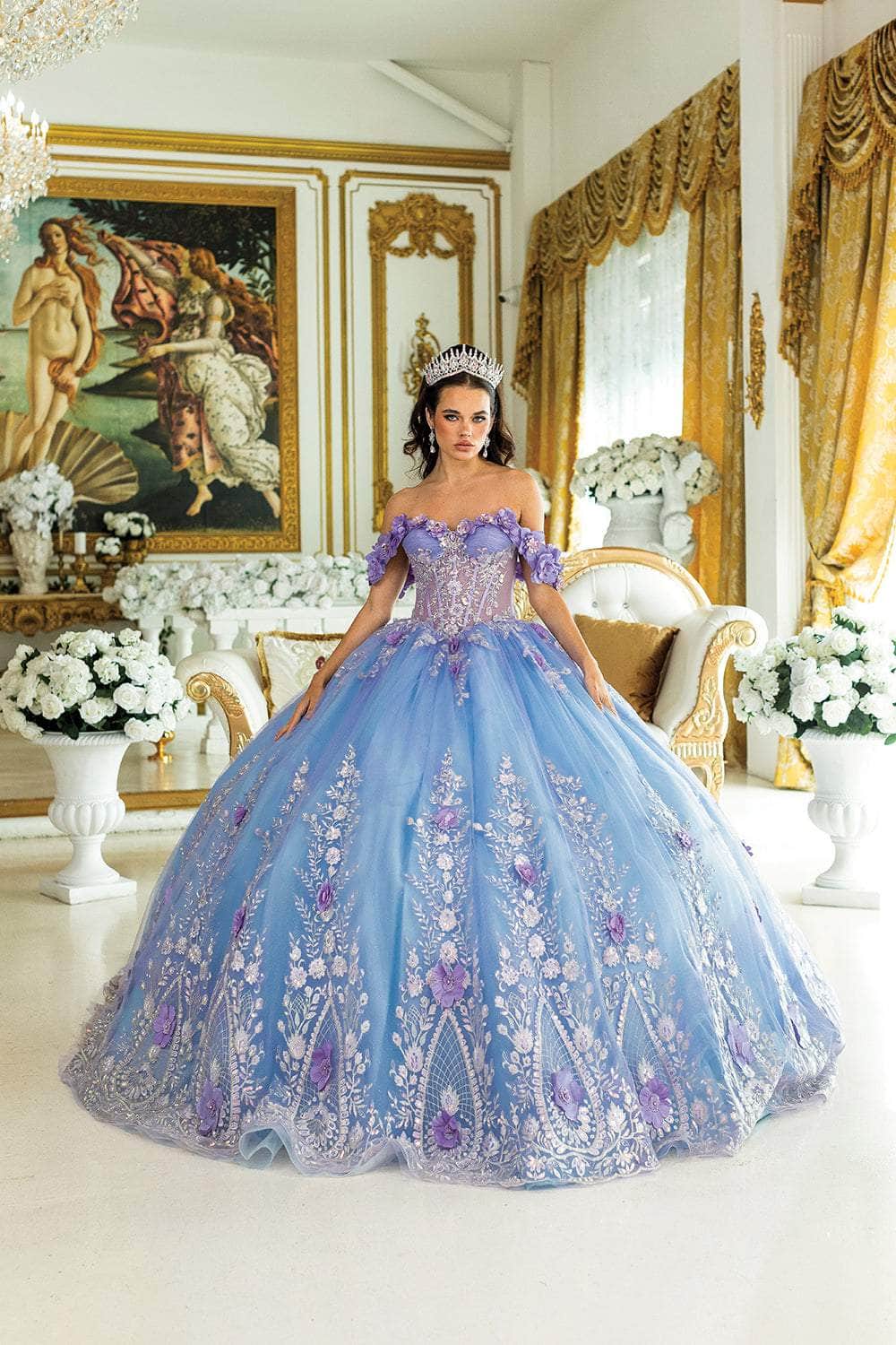 Dancing Queen 1999 - Off Shoulder Floral Embroidered Ballgown Quinceanera Dresses XS / Lilac/Bahama/Blue