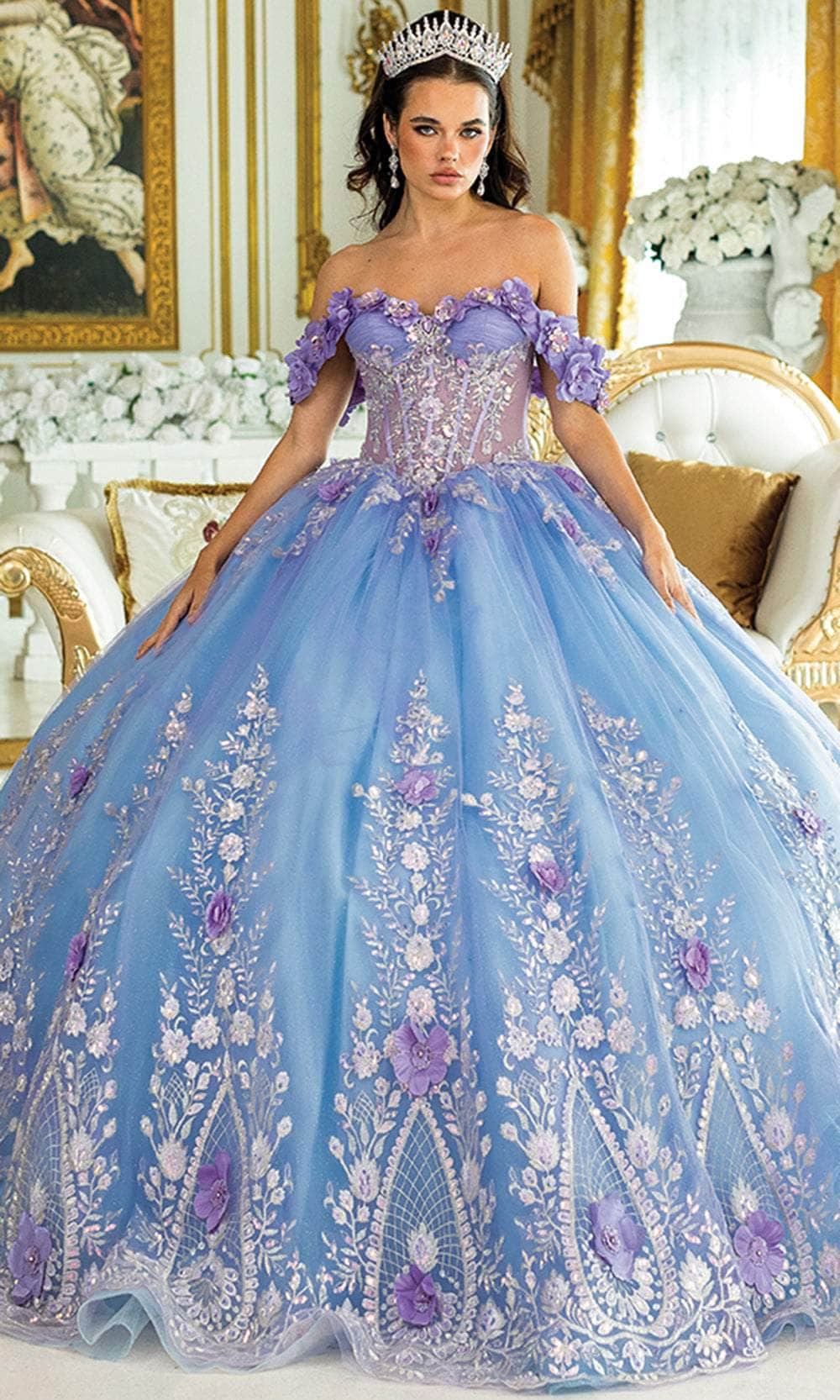 Dancing Queen 1999 - Off Shoulder Floral Embroidered Ballgown Quinceanera Dresses XS / Lilac/Bahama/Blue