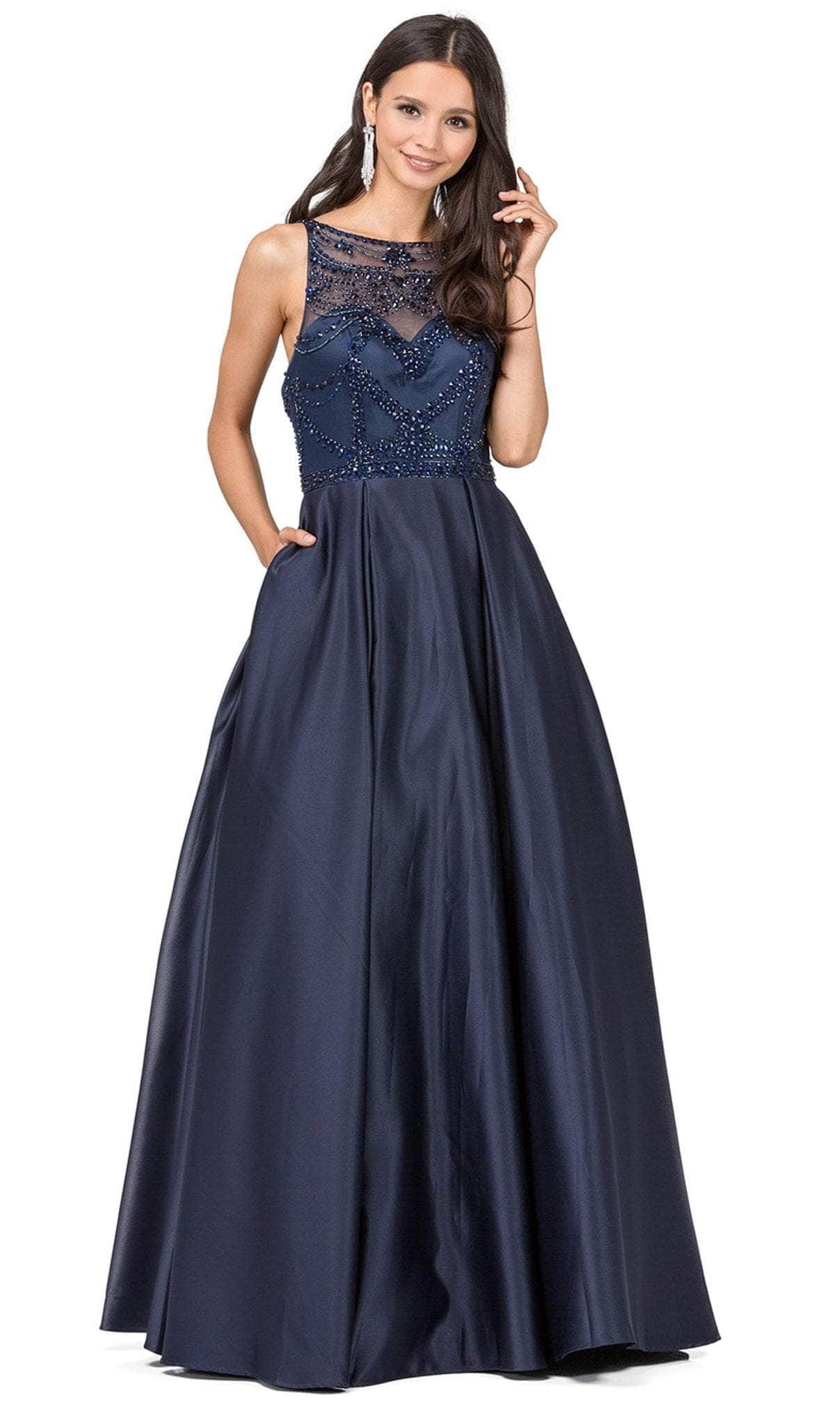 Dancing Queen - 2228 Beaded Bateau Pleated Prom Gown Prom Dresses XS / Navy