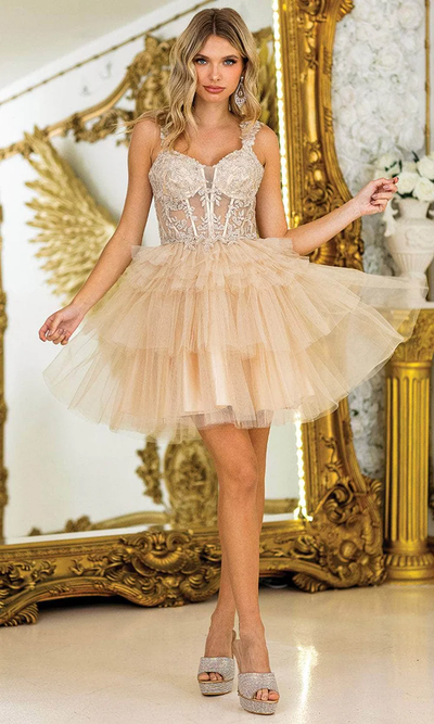 Dancing Queen 3402 – Embroidered Sheer Corset Tiered Ruffle Short Dress