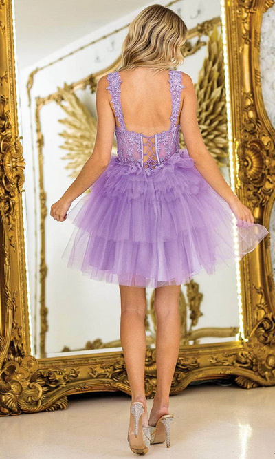 Dancing Queen 3402 – Embroidered Sheer Corset Tiered Ruffle Short Dress
