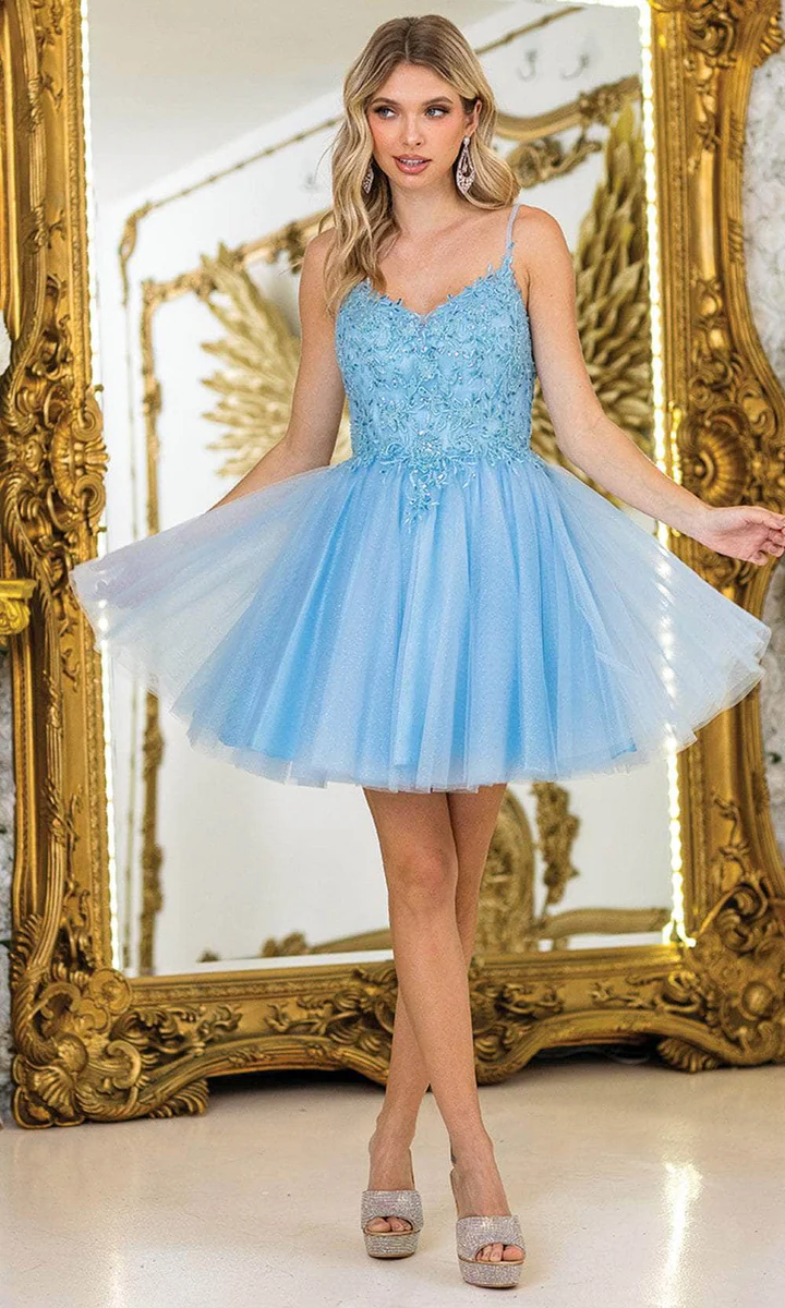 Dancing Queen 3413 – Beaded Lace Bodice Short Tulle A-Line Dress
