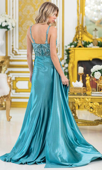 Dancing Queen 4470 – Beaded Illusion V-Neck Sheath Gown with Side Sash