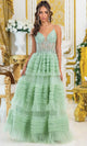Dancing Queen 4476 – Beaded Lace Applique Tiered Ballgown with Deep V-Neck