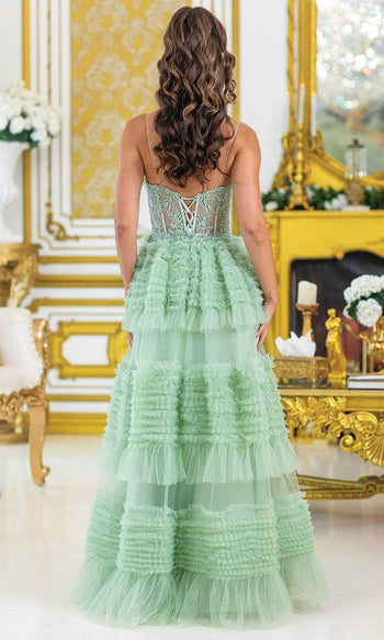 Dancing Queen 4476 – Beaded Lace Applique Tiered Ballgown with Deep V-Neck