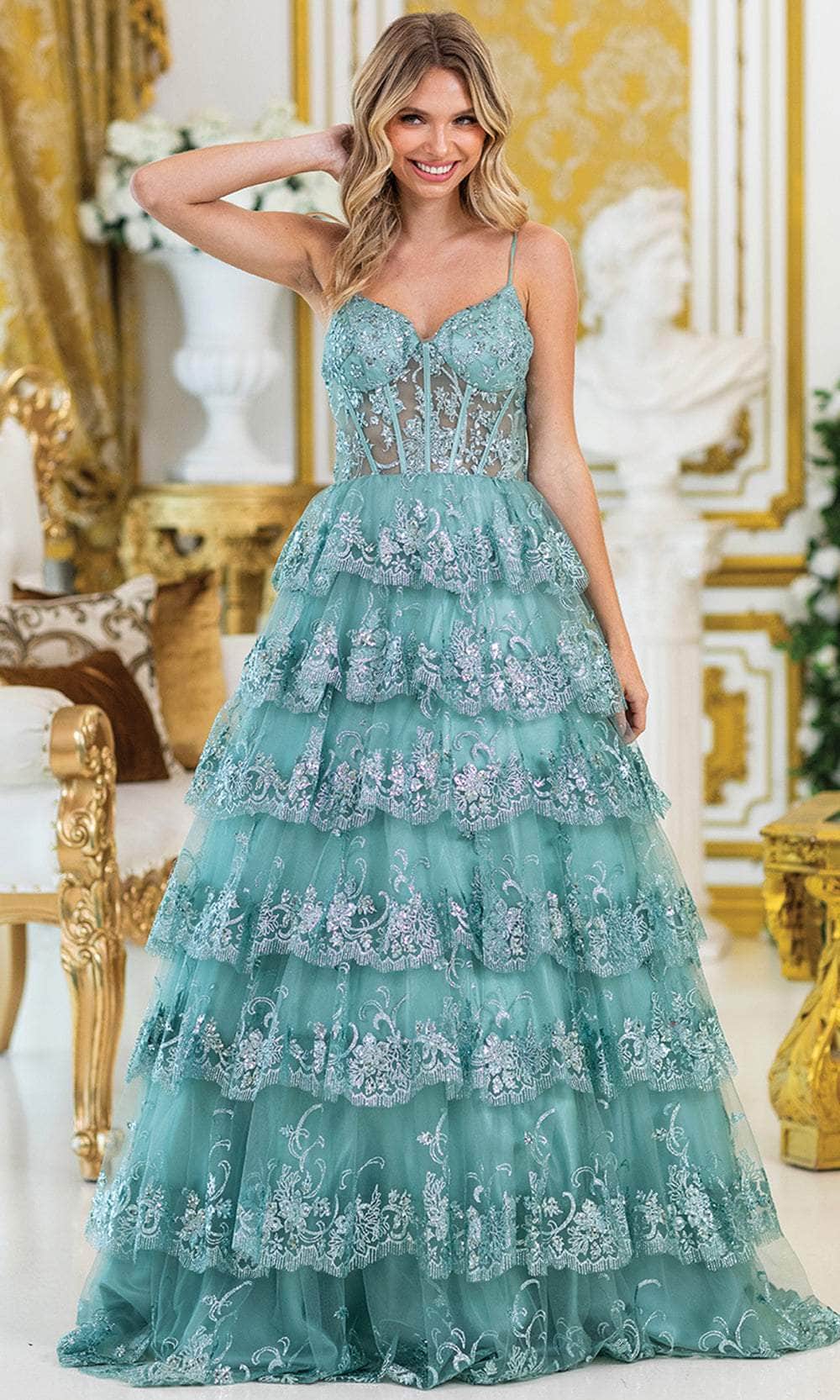 Dancing Queen 4478 – Embroidered Corset Sweetheart Ballgown with Ruffled Skirth Ruffles