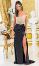 Dancing Queen 4486 – Sequined Fringe Off-Shoulder Satin Slit Gown