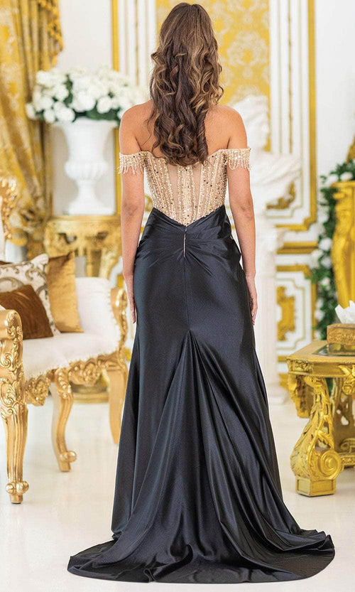 Dancing Queen 4486 – Sequined Fringe Off-Shoulder Satin Slit Gown