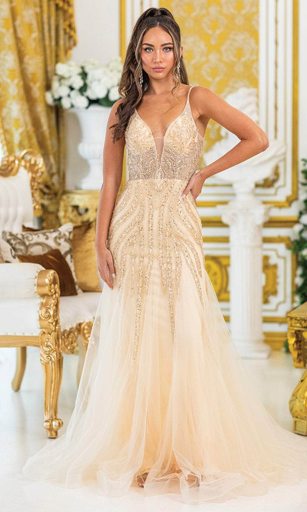 Dancing Queen 4488 – Fully Beaded Trumpet Gown with Plunging Neckline and Godet Skirt