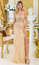 Dancing Queen 4489 – Off-Shoulder Sequin Sheath Gown with High Slit