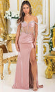 Dancing Queen 4508 – Satin Off-Shoulder Gown with Beaded Corset & High Slit