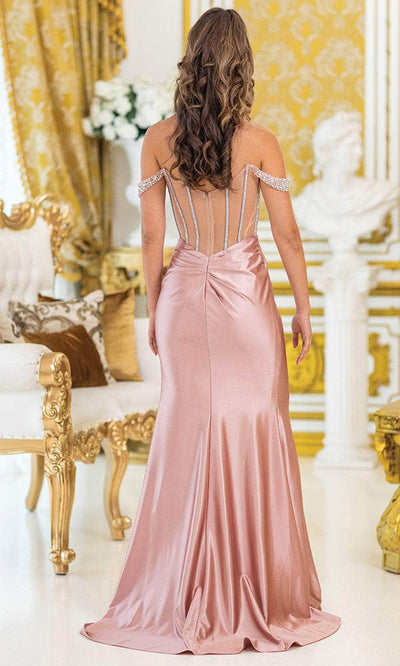 Dancing Queen 4508 – Satin Off-Shoulder Gown with Beaded Corset & High Slit