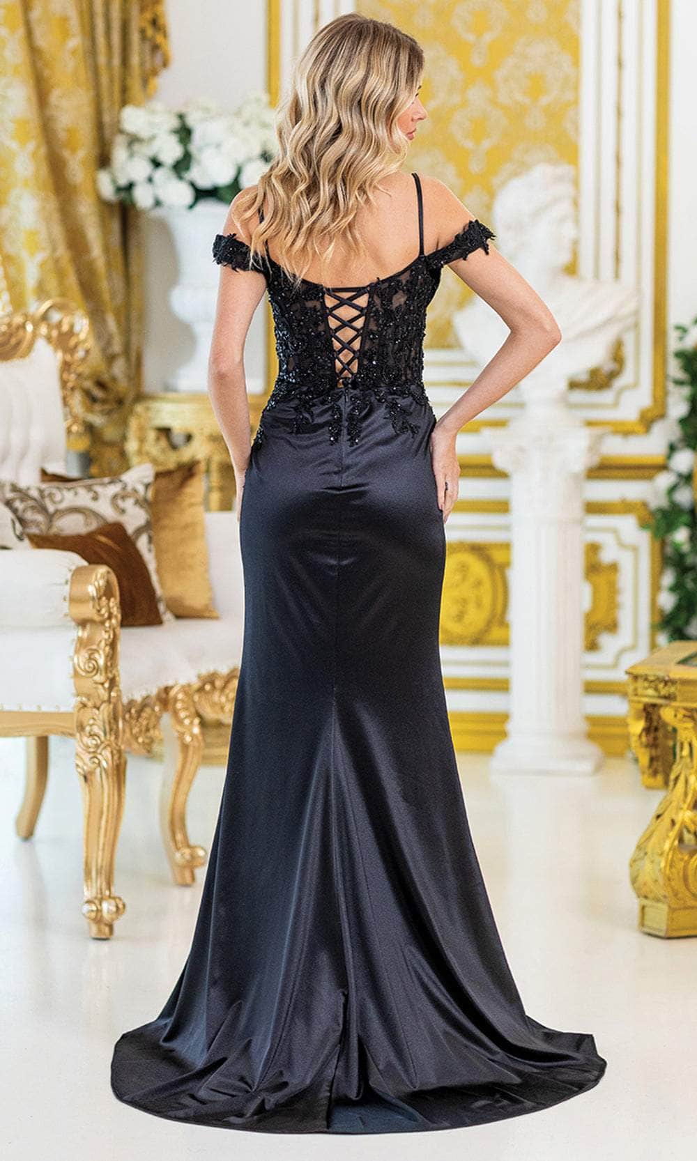 Dancing Queen 4514 – Off-Shoulder Satin Sheath Gown with Lace Applique