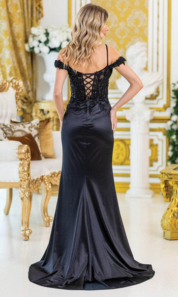 Dancing Queen 4514 – Off-Shoulder Satin Sheath Gown with Lace Applique
