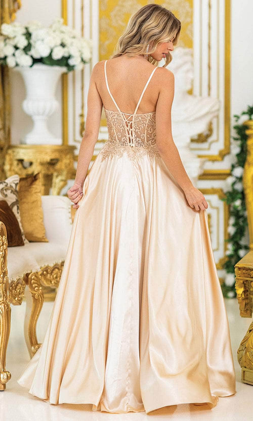 Dancing Queen 4520 – Satin A-Line Gown with Embroidered Illusion Bodice