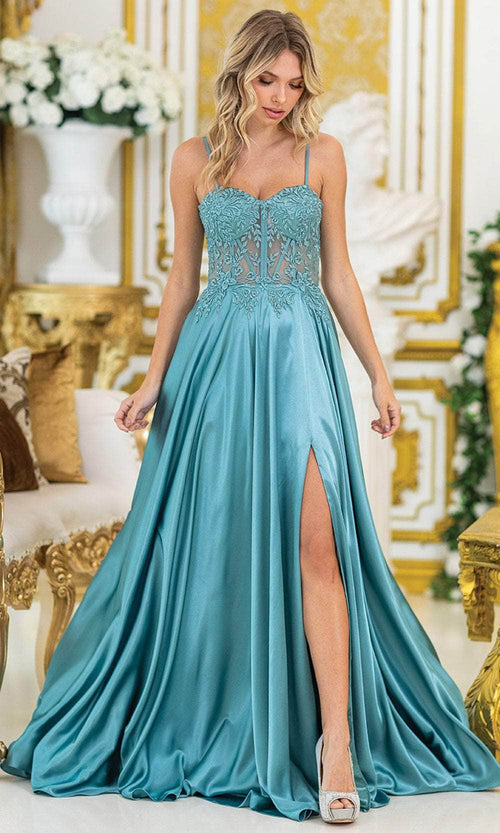Dancing Queen 4520 – Satin A-Line Gown with Embroidered Illusion Bodice