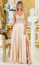 Dancing Queen 4520 – Satin A-Line Gown with Embroidered Illusion Bodice