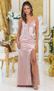 Dancing Queen 4525 – Plunging Satin Sheath Gown with Beaded Applique
