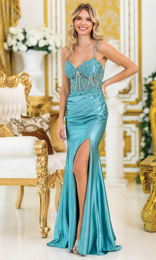 Dancing Queen 4530 – Beaded Lace Corset Sweetheart Slit Evening Gown