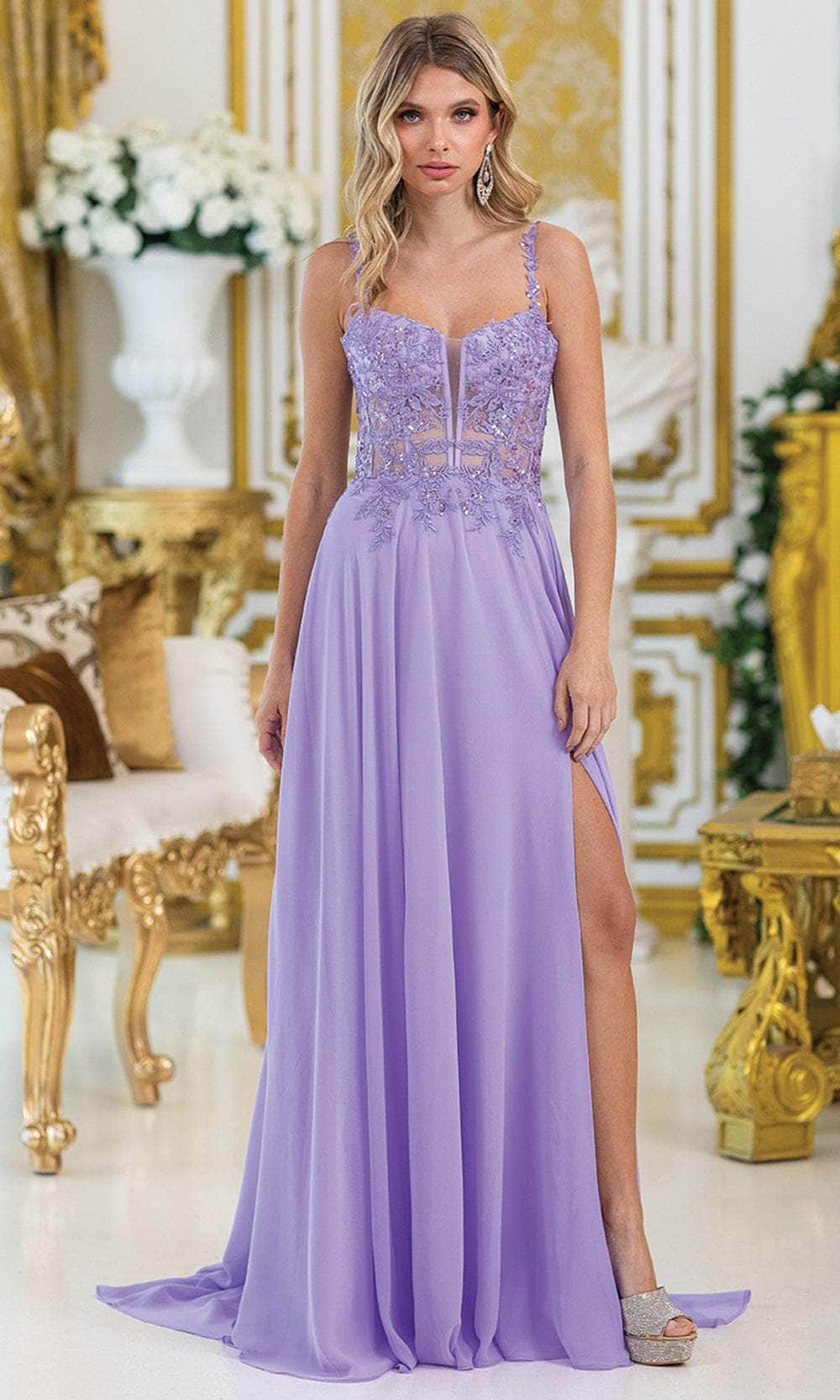 Dancing Queen 4531 – Beaded Lace Applique A-Line Gown with Slit