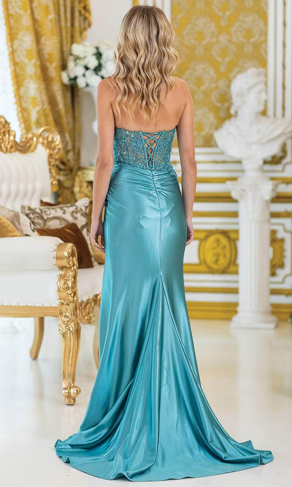 Dancing Queen 4532 – Strapless Lace Appliqué Gown with Dramatic Slit