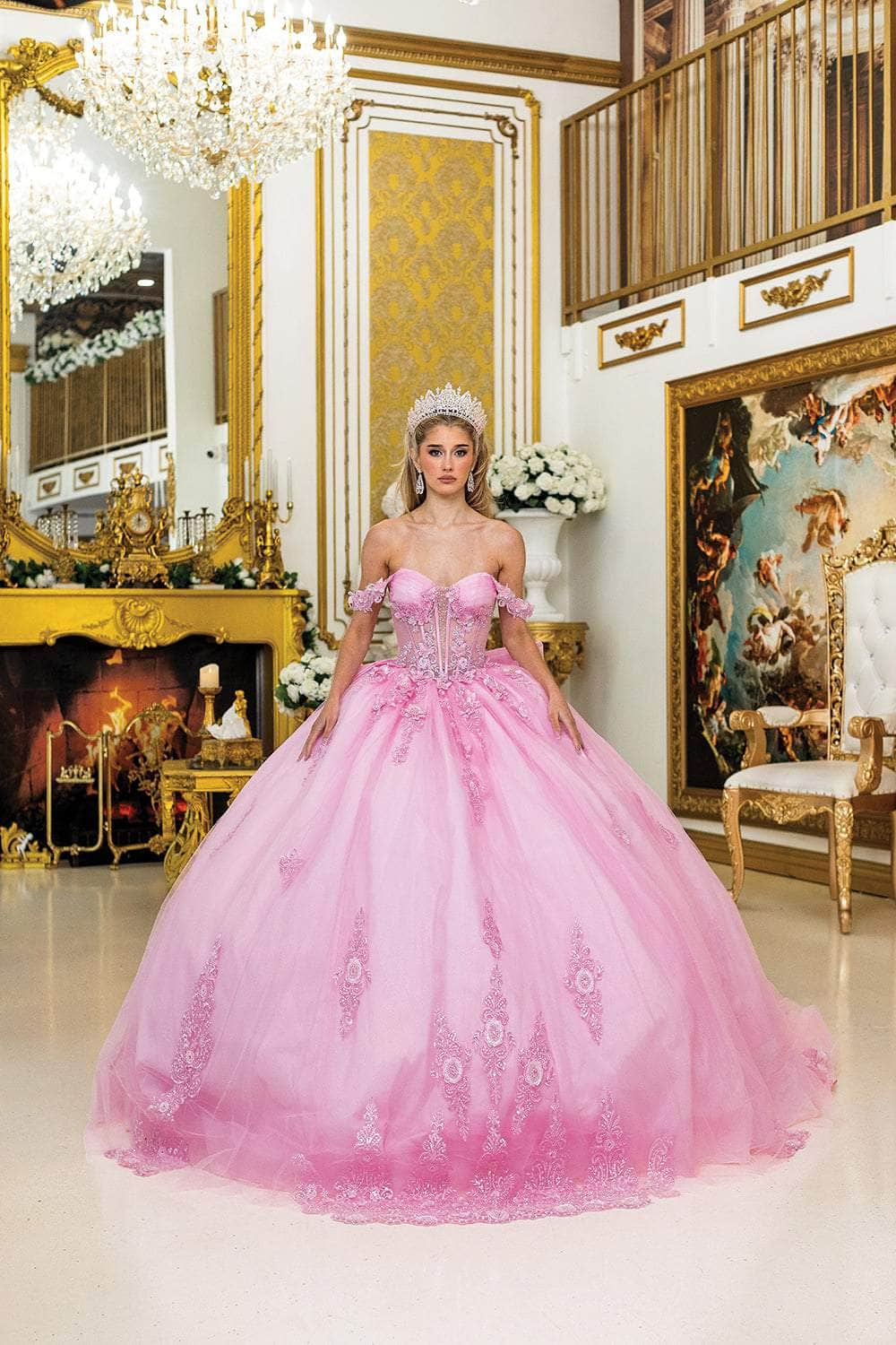 Dancing Queen 5000 – Off Shoulder Floral Applique Glitter Ballgown