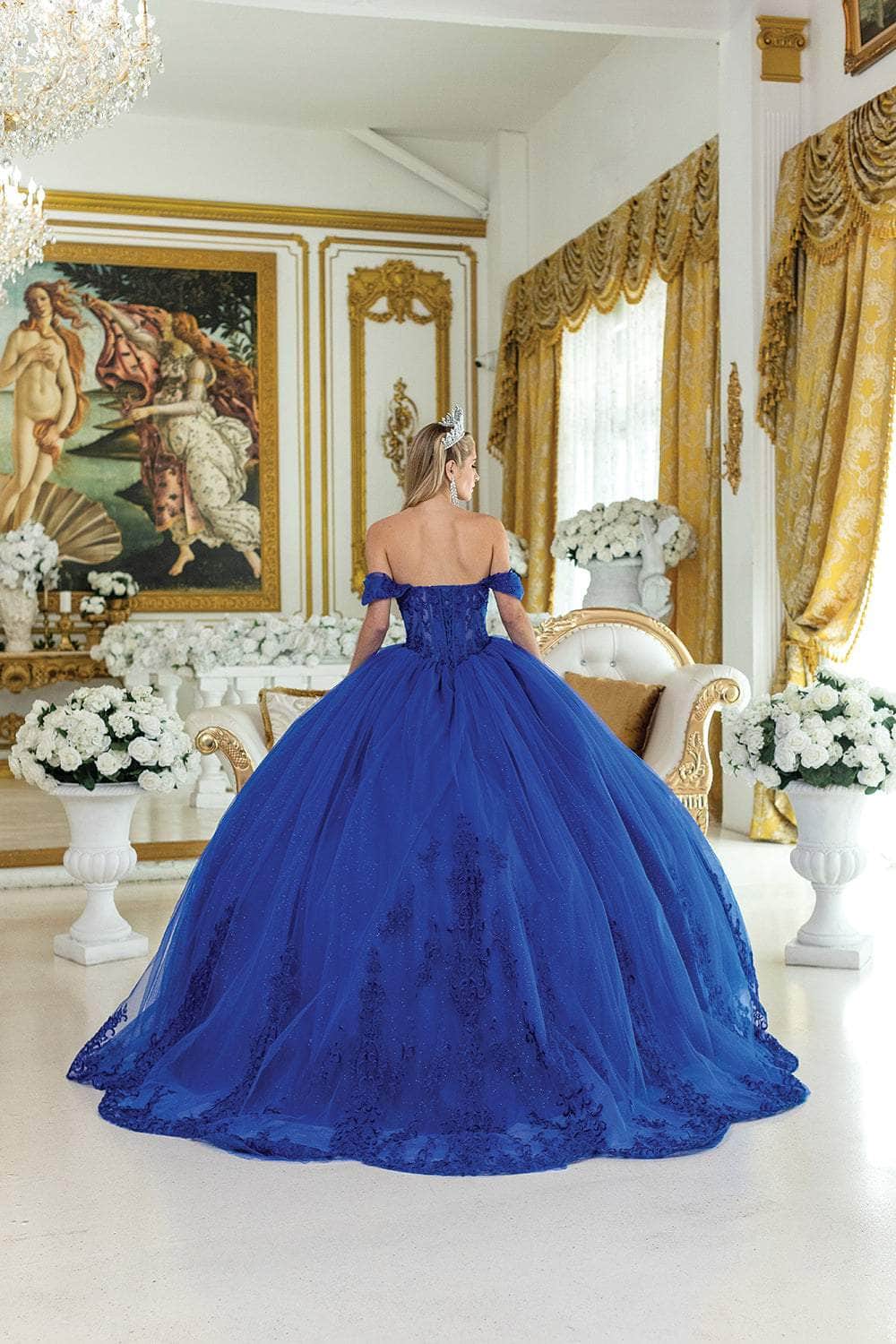 Dancing Queen 5003 - Glitter Embroidered Off Shoulder Ballgown Quinceanera Dresses XS / Royal Blue