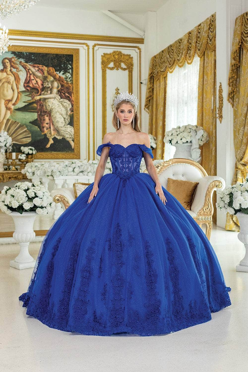 Dancing Queen 5003 - Glitter Embroidered Off Shoulder Ballgown Quinceanera Dresses XS / Royal Blue