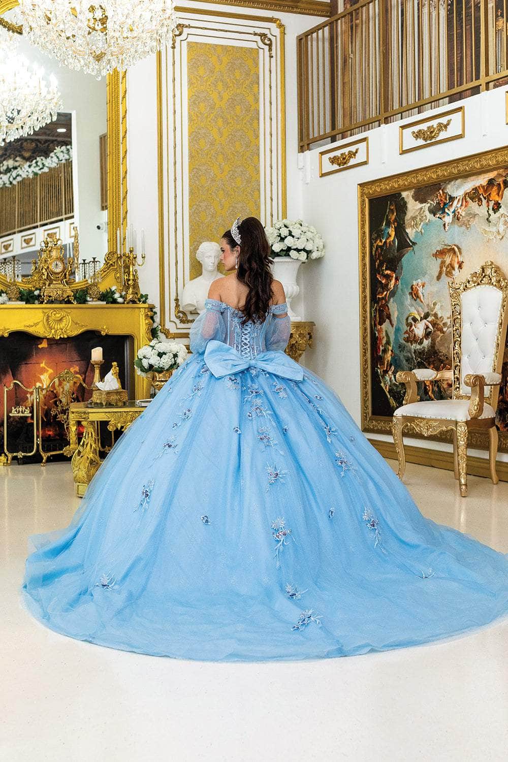 Dancing Queen 5005 - Embroidered Off Shoulder Gown with Puff Sleeve Quinceanera Dresses XS / Bahama Blue