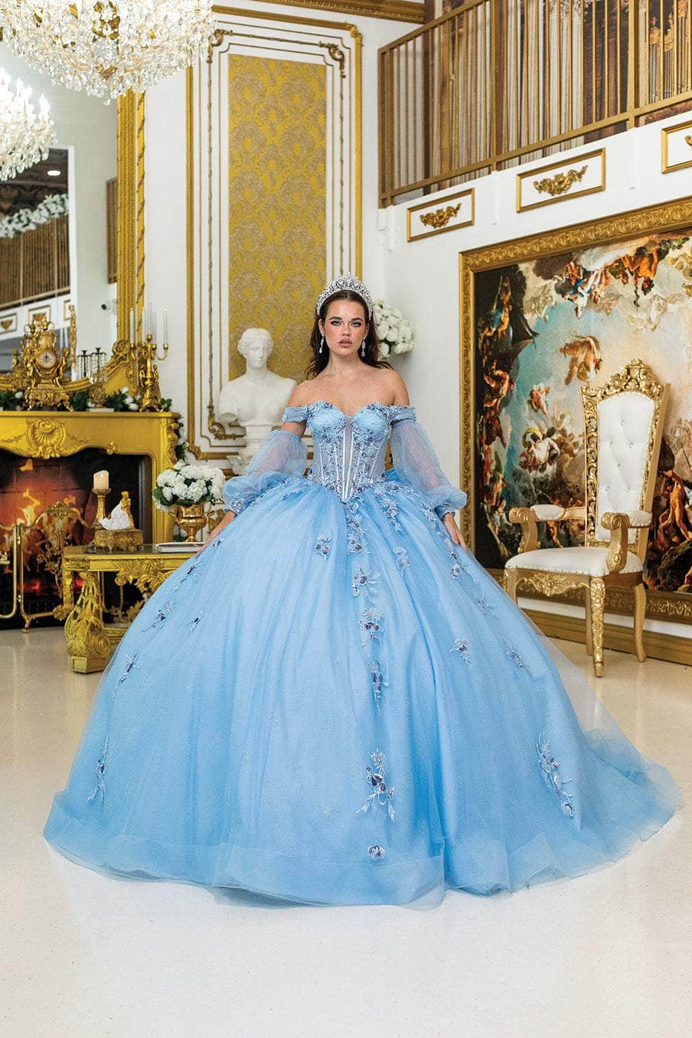 Dancing Queen 5005 - Embroidered Off Shoulder Gown with Puff Sleeve Quinceanera Dresses XS / Bahama Blue