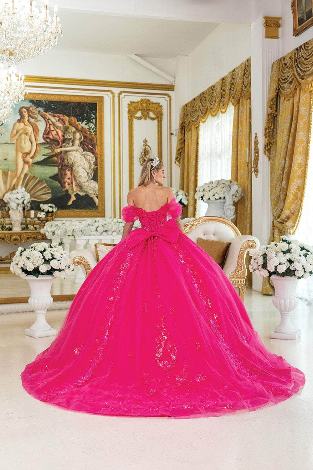 Dancing Queen 5006 - Sequin Embroidered Sheer Corset Ballgown Quinceanera Dresses XS / Fuchsia