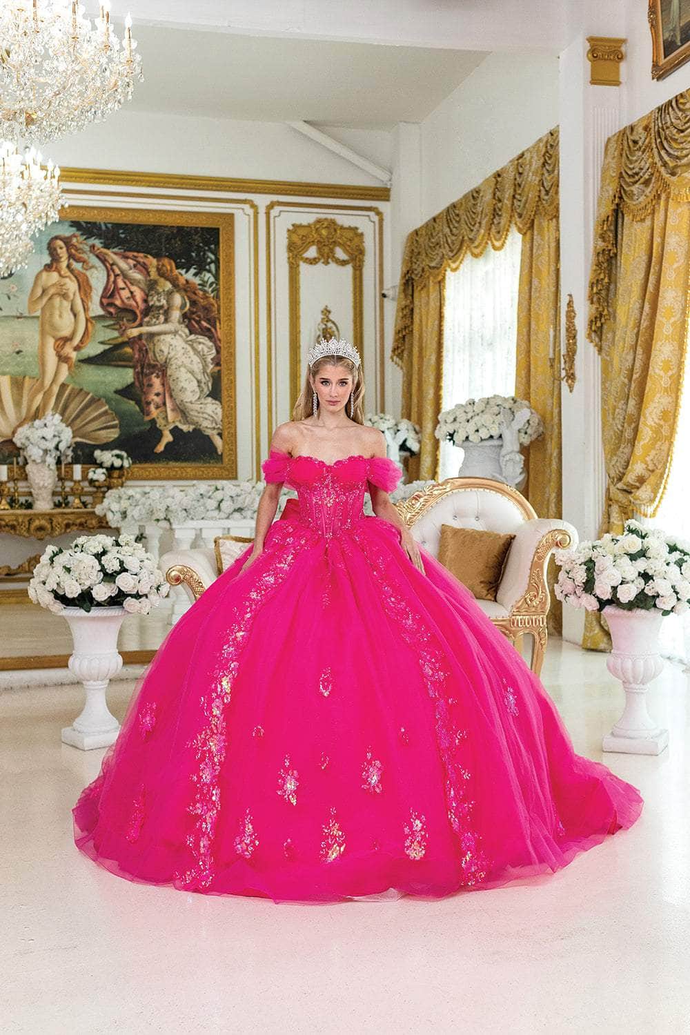 Dancing Queen 5006 - Sequin Embroidered Sheer Corset Ballgown Quinceanera Dresses XS / Fuchsia