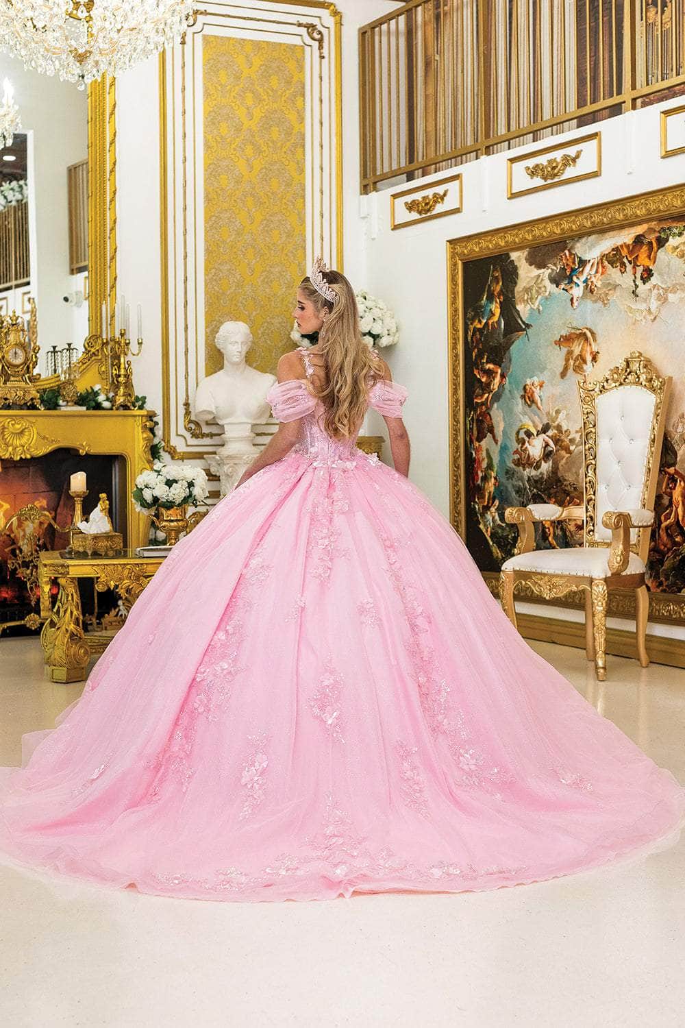 Dancing Queen 5009 - Puff Sleeve Floral Quince Ballgown Quinceanera Dresses XS / Pink