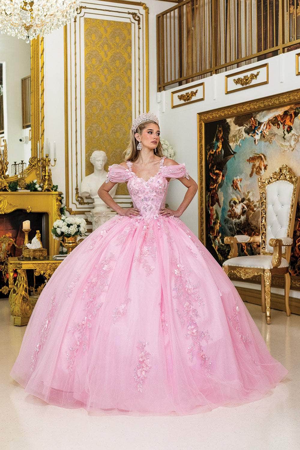 Dancing Queen 5009 - Puff Sleeve Floral Quince Ballgown Quinceanera Dresses XS / Pink