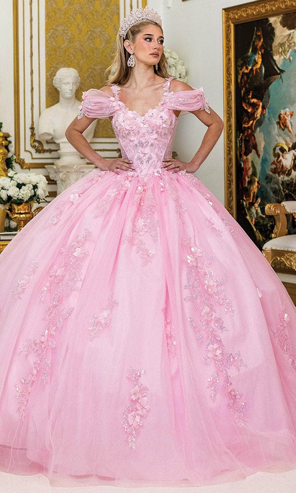 Dancing Queen 5009 - Puff Sleeve Floral Quince Ballgown Quinceanera Dresses XS / Pink
