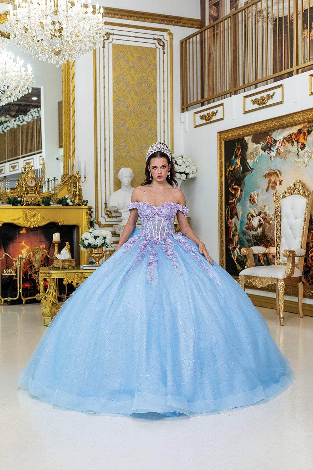 Dancing Queen 5016 - Floral Embellished Off Shoulder Ballgown Quinceanera Dresses XS / Bahama/Lilac