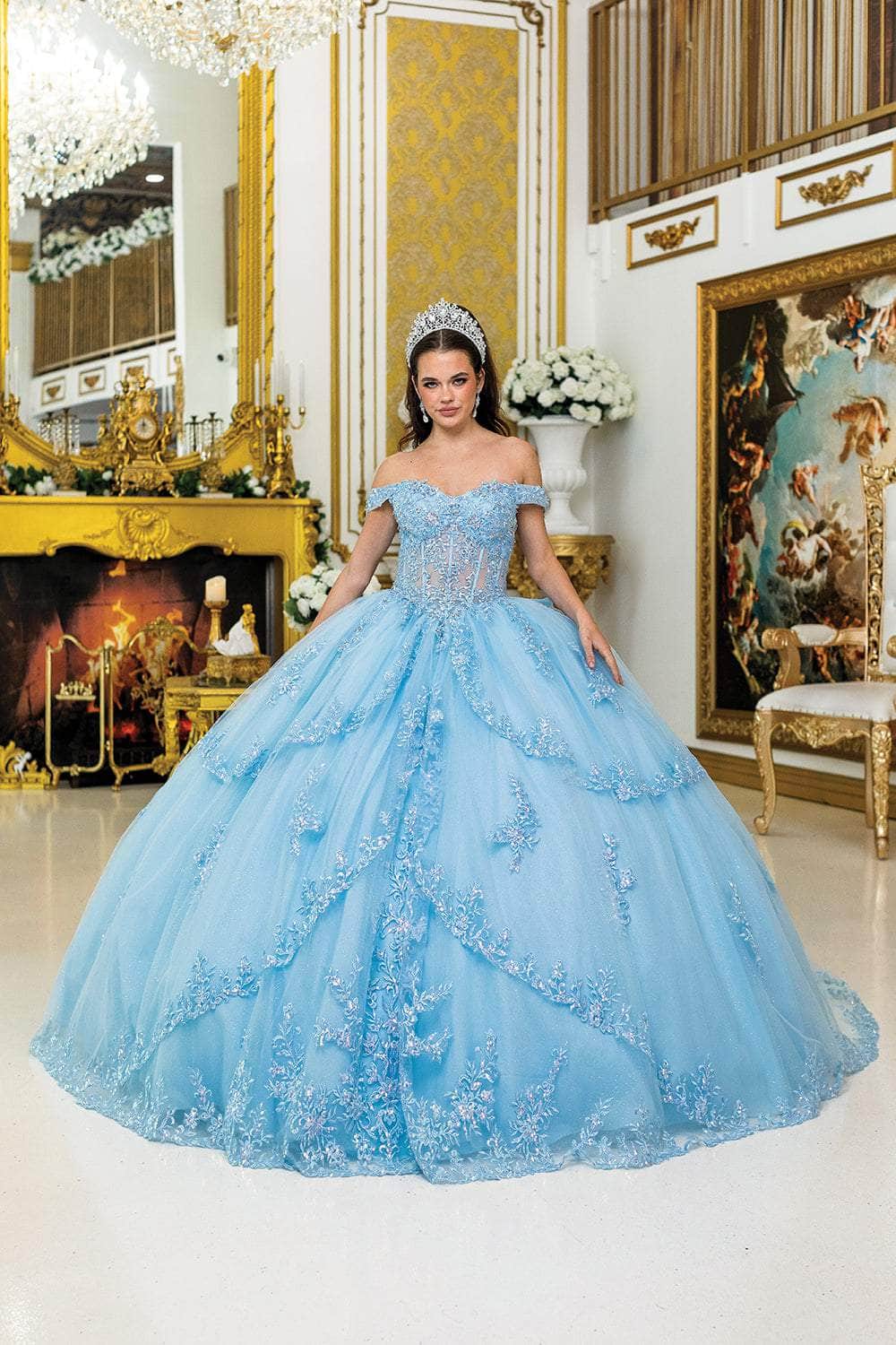Dancing Queen 5024 - Layered Off Shoulder Ballgown Quinceanera Dresses XS / Bahama Blue