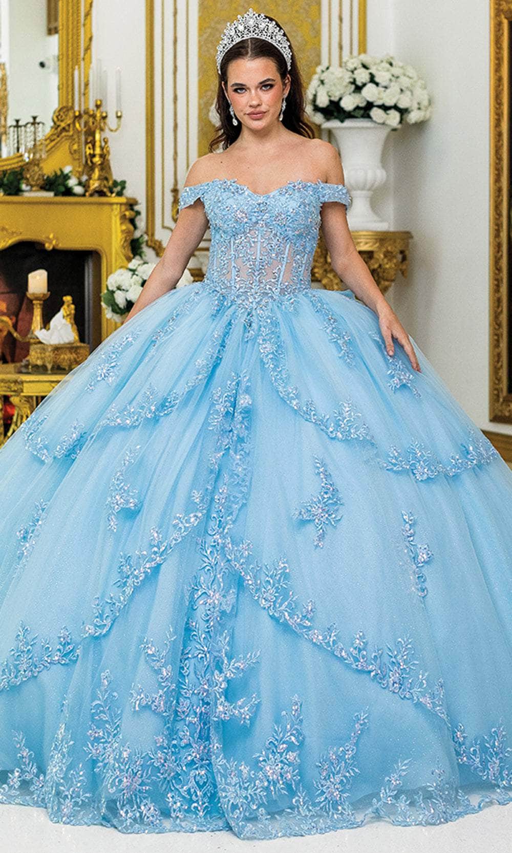 Dancing Queen 5024 - Layered Off Shoulder Ballgown Quinceanera Dresses XS / Bahama Blue