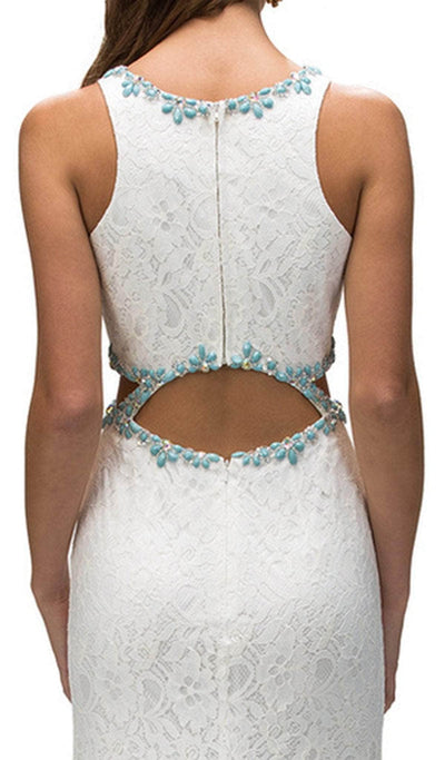 Dancing Queen - 9271 Sleeveless Jewel Neck Lace Cutout Prom Dress Prom Dresses XS / Off White/ Aqua