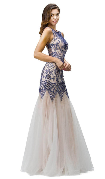 Dancing Queen - 9294 Beaded Godet Inset Mermaid Prom Dress Prom Dresses XS / White/Royal Blue