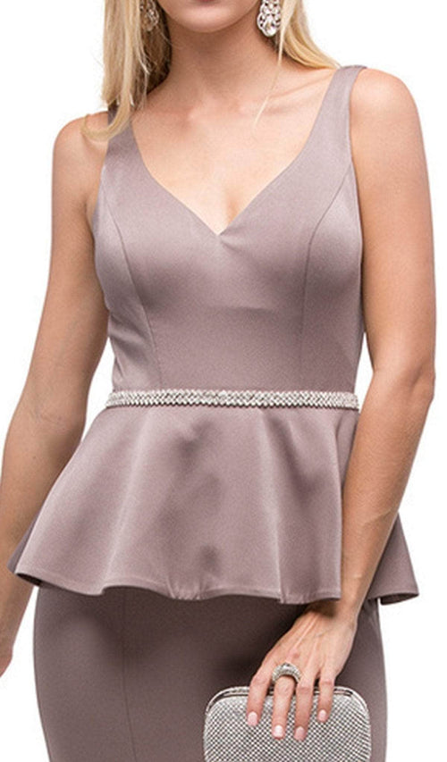 Dancing Queen - 9750 Jewel Encrusted V-Neck Peplum Evening Dress Evening Dresses XS / Burgundy